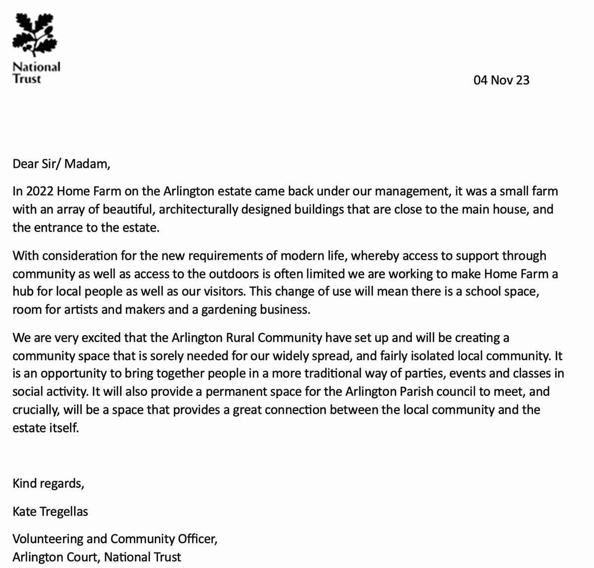 Arlington CIC National Trust letter